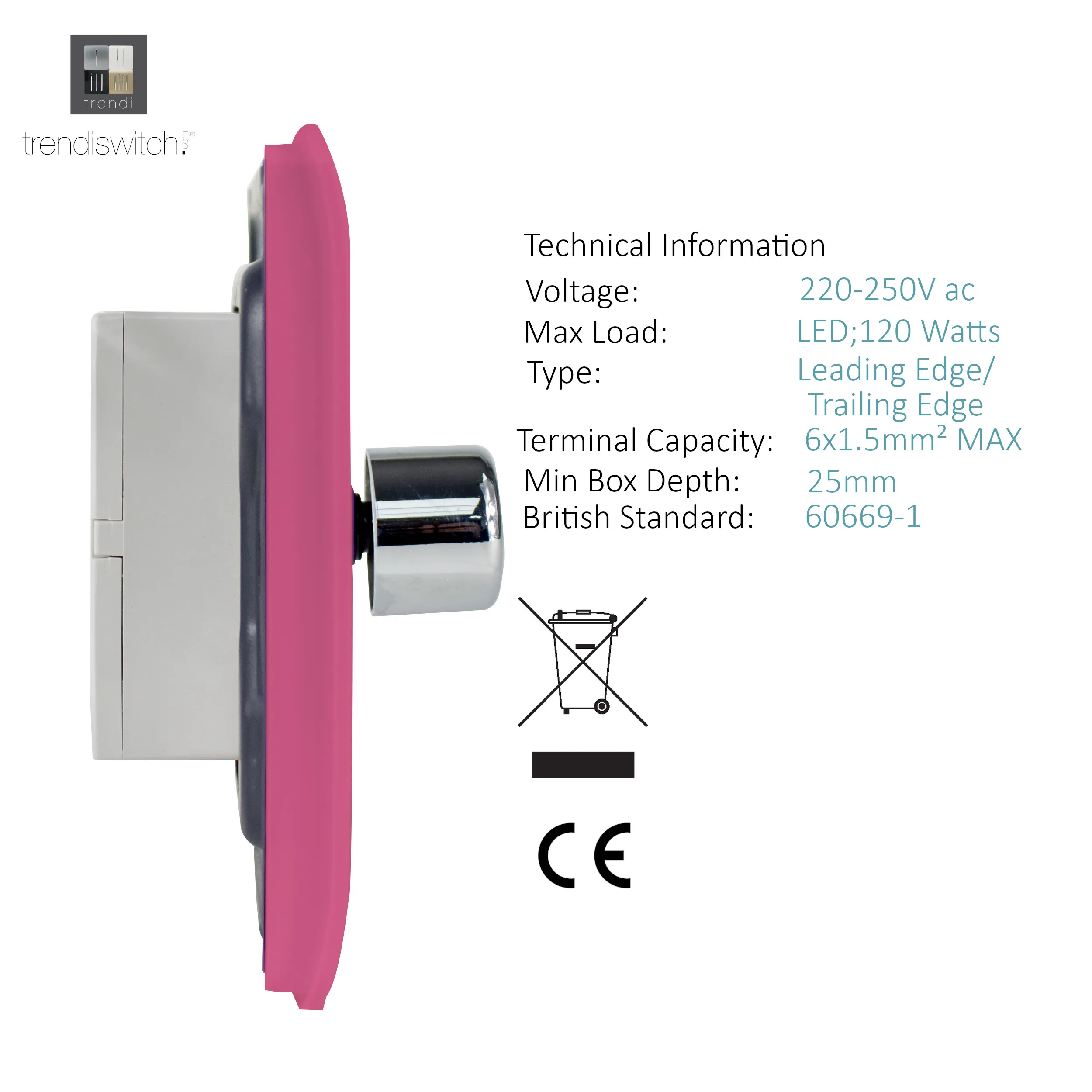 1 Gang 1 Way LED Dimmer Switch Pink ART-LDMPK  Trendi Pink